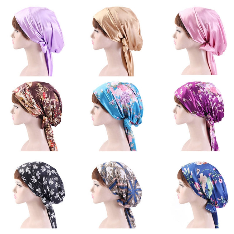 TJM-226 Ladies Satin Print Ribbon Bow Turban Hat Night Cap Silk Chemotherapy Hat Long Tail Braid Hat, Purple, Black, Pink, Royal Blue, Leopard, Big Black Flower, Rose Red Flower, Big Beige Flower, White Black Spots, Red Wine, Khaki, Light Purple       ...