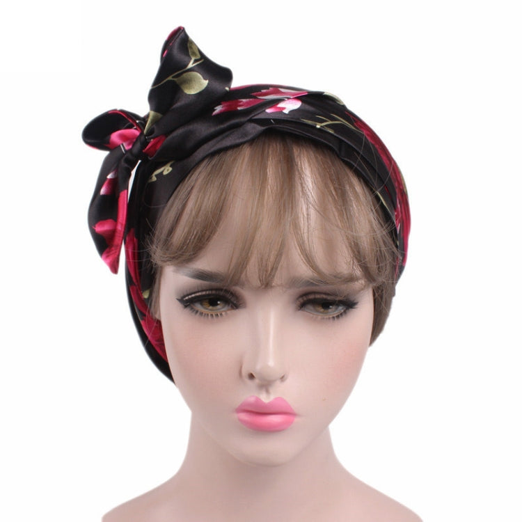 TJM-226 Ladies Satin Print Ribbon Bow Turban Hat Night Cap Silk Chemotherapy Hat Long Tail Braid Hat, Purple, Black, Pink, Royal Blue, Leopard, Big Black Flower, Rose Red Flower, Big Beige Flower, White Black Spots, Red Wine, Khaki, Light Purple       ...