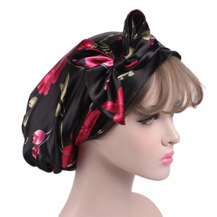 TJM-226 Ladies Satin Print Ribbon Bow Turban Hat Night Cap Silk Chemotherapy Hat Long Tail Braid Hat, Purple, Black, Pink, Royal Blue, Leopard, Big Black Flower, Rose Red Flower, Big Beige Flower, White Black Spots, Red Wine, Khaki, Light Purple       ...
