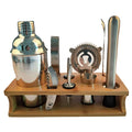 10 in 1 Stainless Steel Shaker Bamboo Stand Set Oblique Mouth Bar Cocktail Bartending Tool, 350ml, 550ml, 750ml