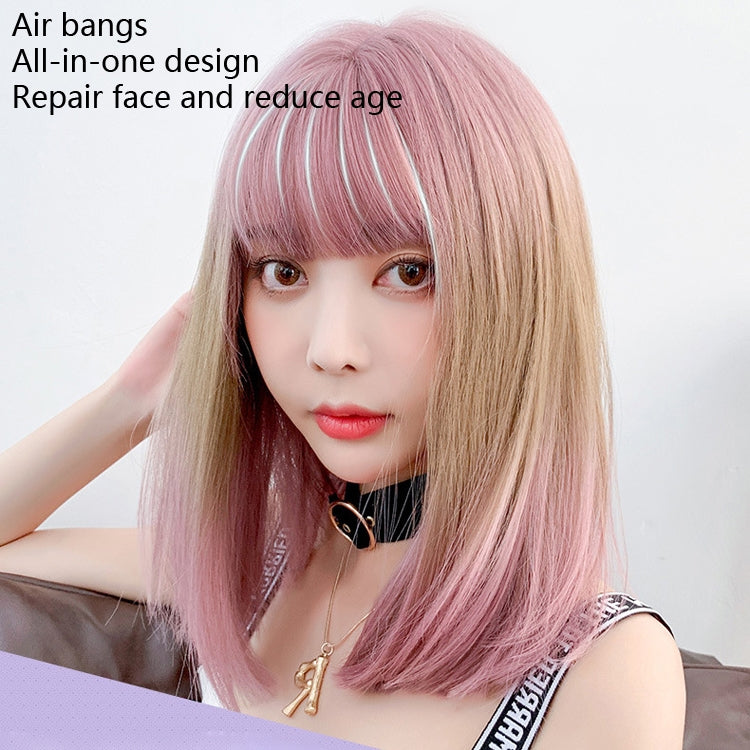 Female Gradient Highlighting Lifelike Chemical Fiber Headgear Wigs, Plum Pink and Honey Tea 39CM, White Tea Color 39CM