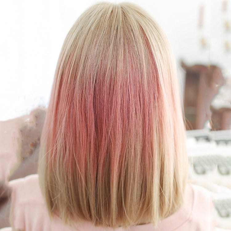 Female Gradient Highlighting Lifelike Chemical Fiber Headgear Wigs, Plum Pink and Honey Tea 39CM, White Tea Color 39CM