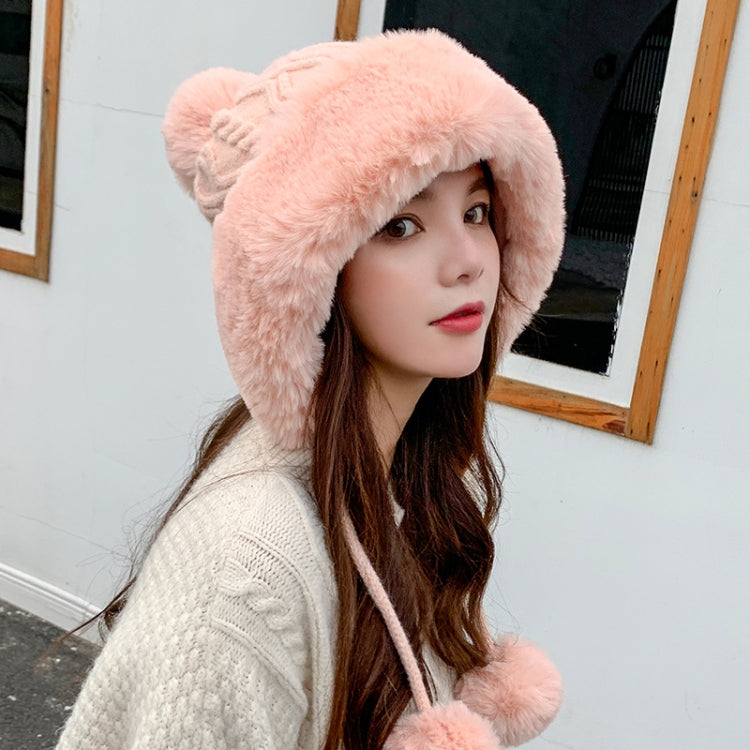 Autumn and Winter Ladies Cotton and Cashmere Skullcap Three Fur Balls Cute Plus Velvet Thickening  Pure Color Knitted Hat, Free Size