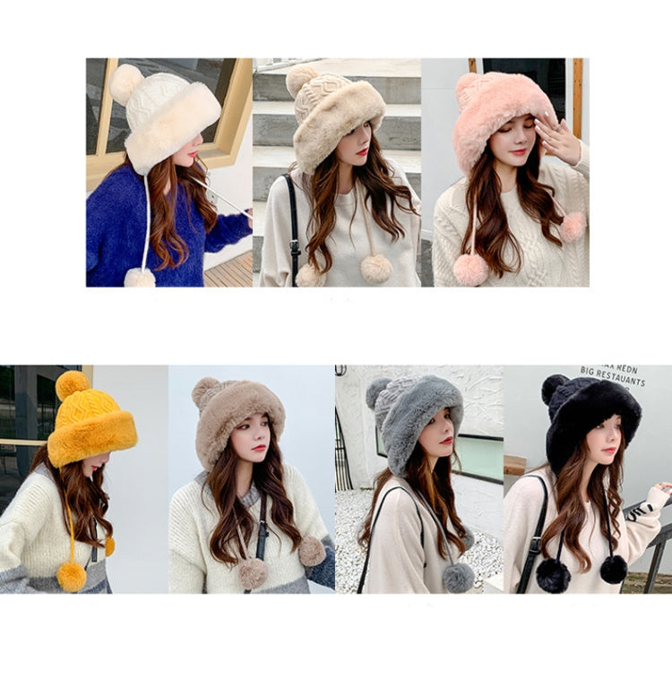 Autumn and Winter Ladies Cotton and Cashmere Skullcap Three Fur Balls Cute Plus Velvet Thickening  Pure Color Knitted Hat, Free Size