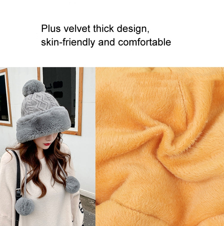 Autumn and Winter Ladies Cotton and Cashmere Skullcap Three Fur Balls Cute Plus Velvet Thickening  Pure Color Knitted Hat, Free Size