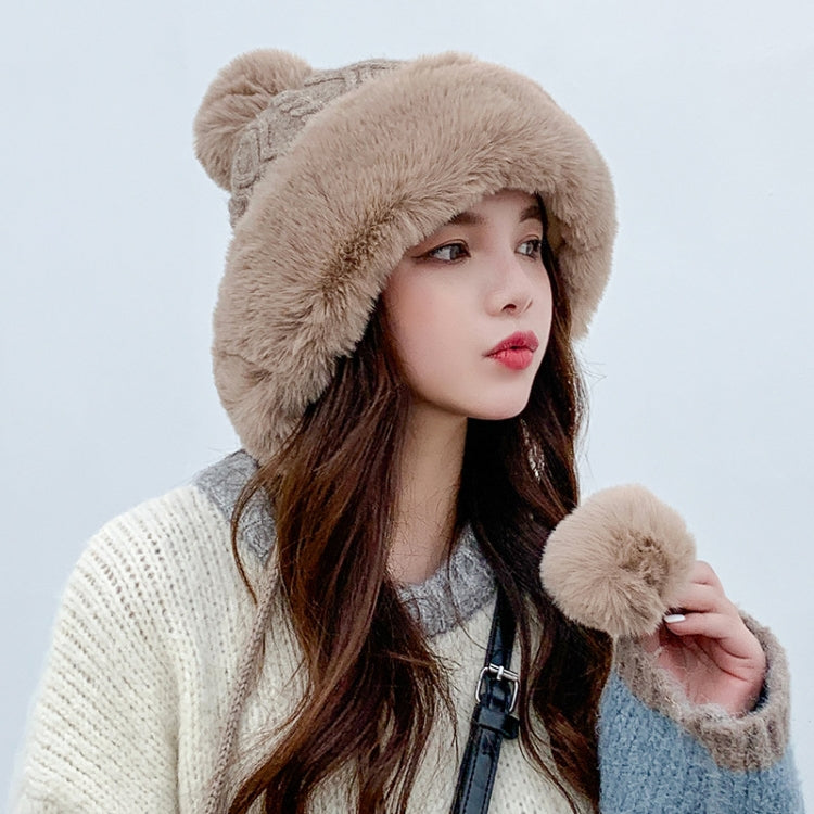 Autumn and Winter Ladies Cotton and Cashmere Skullcap Three Fur Balls Cute Plus Velvet Thickening  Pure Color Knitted Hat, Free Size