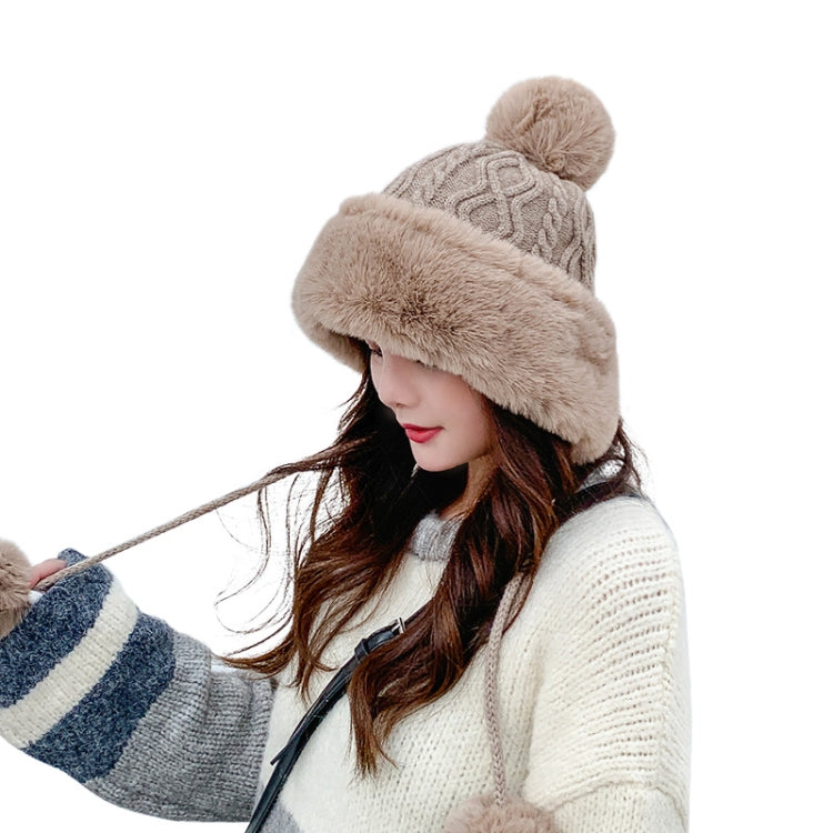 Autumn and Winter Ladies Cotton and Cashmere Skullcap Three Fur Balls Cute Plus Velvet Thickening  Pure Color Knitted Hat, Free Size