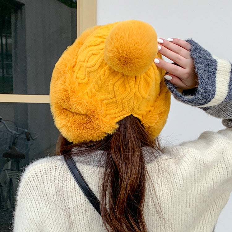 Autumn and Winter Ladies Cotton and Cashmere Skullcap Three Fur Balls Cute Plus Velvet Thickening  Pure Color Knitted Hat, Free Size