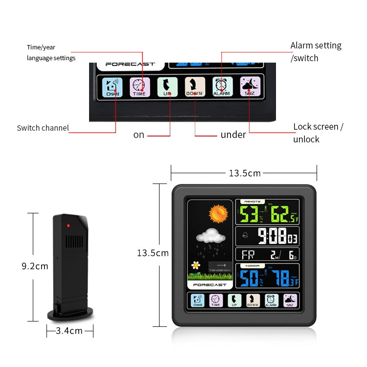 TS-3310 Wireless Weather Clock Multifunctional Color Screen Clock Creative Home Touch Screen Thermometer, Wood Grain, Black