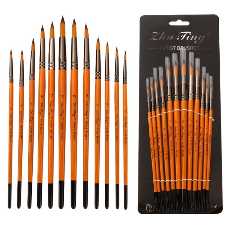 ZHU TING 12 PCS / Set Short Wooden Pole Nylon Hair Watercolor Hook Line Brush Nail Oil Painting Stroke Brush, Watercolor Hook Line Brush