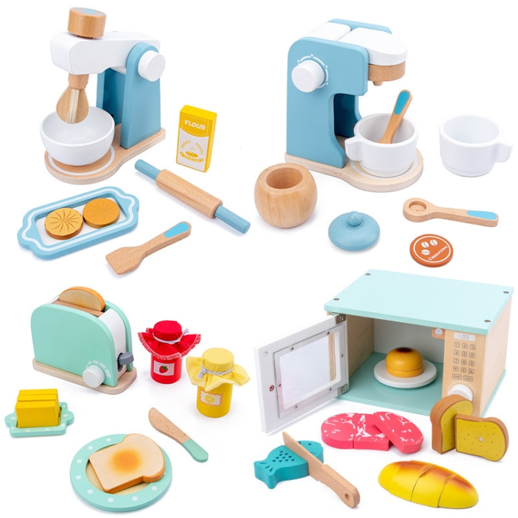 Children Simulation Kitchen Set Baby Wooden Food Cutting Pretend Play Toy, Bread Maker, Coffee Machine, Juicer, Blender, Mini Oven, Delicious Salad Set, Waffles