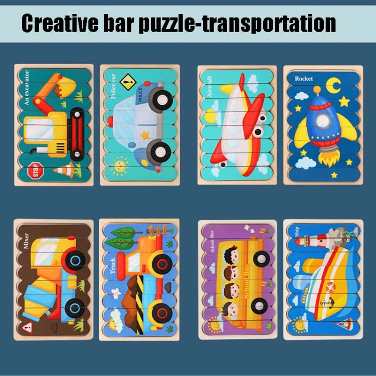 QBT01 Children Double-Sided Wooden Puzzle Bar Puzzle Toy, Excavator + Police Car, Airplane + Rocket, Mud Tanker + Truck, School Bus + Ship, Pig (Yellow) + Pig (Green), Big Gray Wolf + Pig (Pink), Little Red Riding Hood + Big Big Wolf, Crow + Bee       ...