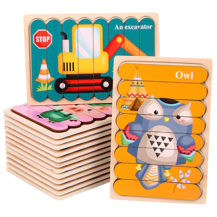 QBT01 Children Double-Sided Wooden Puzzle Bar Puzzle Toy, Excavator + Police Car, Airplane + Rocket, Mud Tanker + Truck, School Bus + Ship, Pig (Yellow) + Pig (Green), Big Gray Wolf + Pig (Pink), Little Red Riding Hood + Big Big Wolf, Crow + Bee       ...
