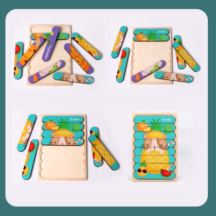 QBT01 Children Double-Sided Wooden Puzzle Bar Puzzle Toy, Excavator + Police Car, Airplane + Rocket, Mud Tanker + Truck, School Bus + Ship, Pig (Yellow) + Pig (Green), Big Gray Wolf + Pig (Pink), Little Red Riding Hood + Big Big Wolf, Crow + Bee       ...
