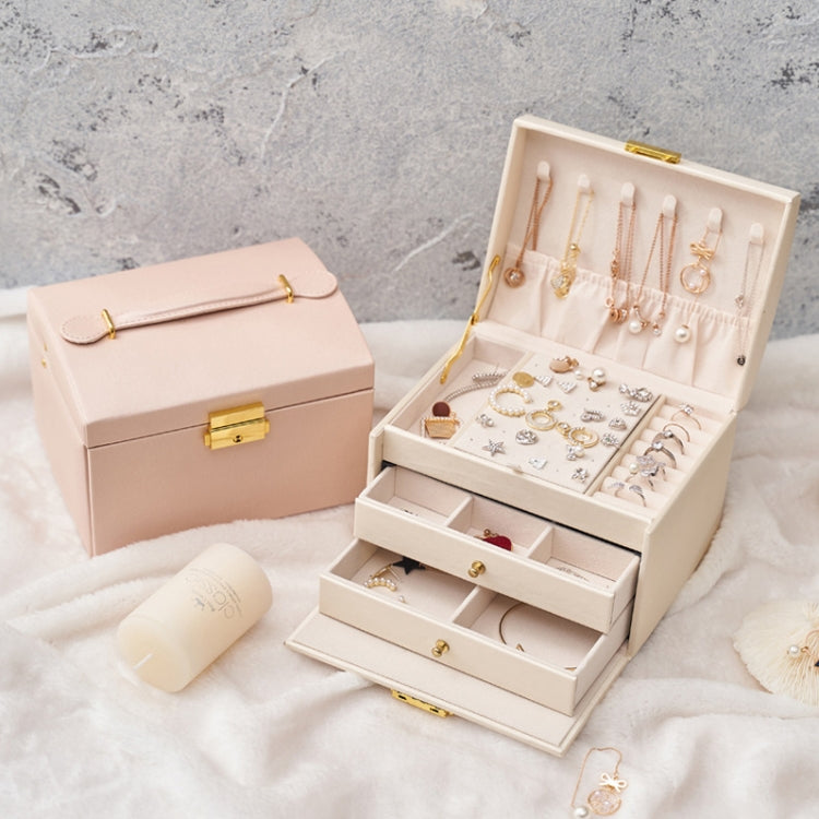 Three-Layer Leather Drawer Type Jewelry Storage Box Earrings Box With Lock, Three-Layer (Creamy White), Three-Layer (Dark Green), Three-Layer (Navy Blue)