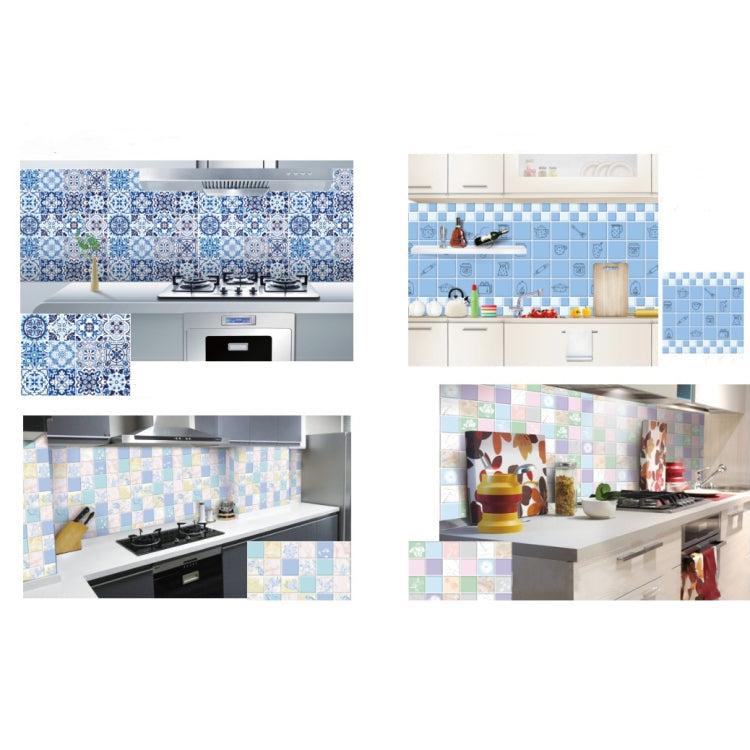 Kitchen Anti-Smoke Tile Wall Stickers Stove Wallpaper, Blossoming Flowers, Blue Ans White Porcelain, Purple Vine