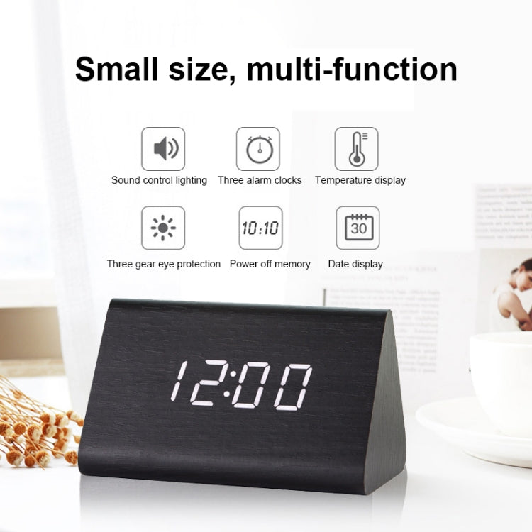 Mute Luminous Electronic Clock Wooden Sound Control Small Triangle Alarm Clock, Brown Wood Red Light, White Wood White Light