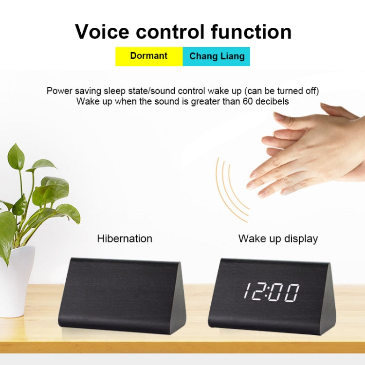 Mute Luminous Electronic Clock Wooden Sound Control Small Triangle Alarm Clock, Brown Wood Red Light, White Wood White Light