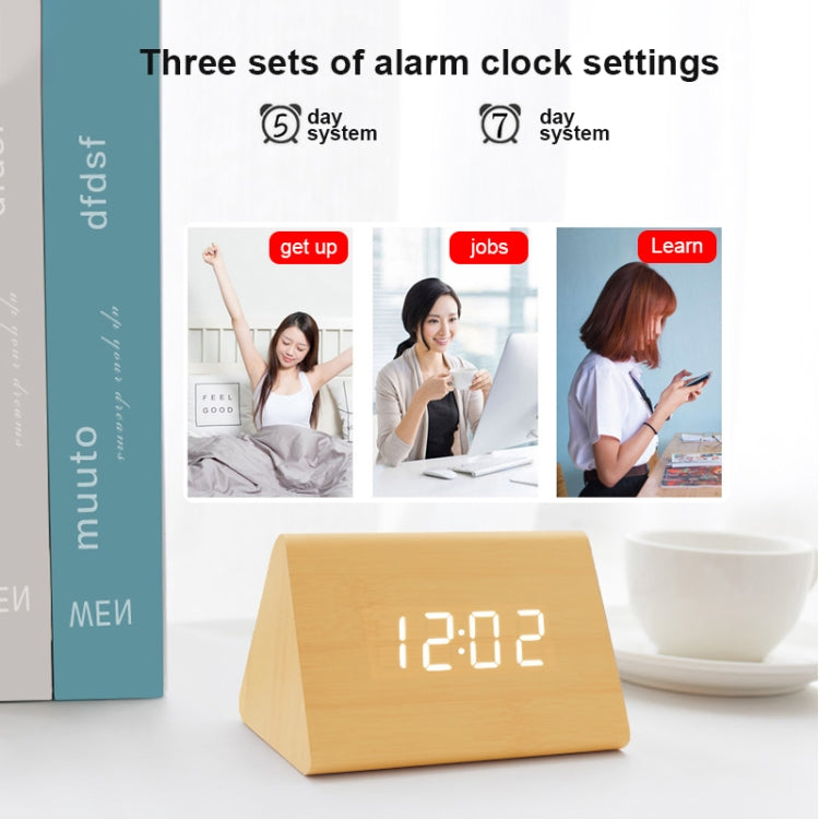 Mute Luminous Electronic Clock Wooden Sound Control Small Triangle Alarm Clock, Brown Wood Red Light, White Wood White Light
