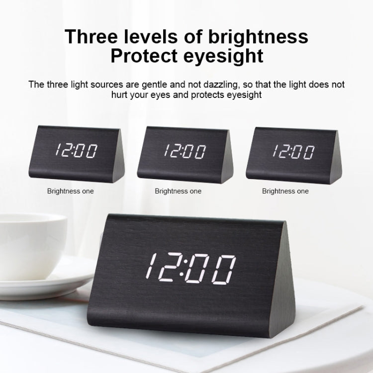 Mute Luminous Electronic Clock Wooden Sound Control Small Triangle Alarm Clock, Brown Wood Red Light, White Wood White Light