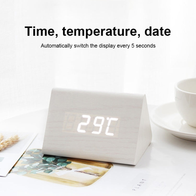 Mute Luminous Electronic Clock Wooden Sound Control Small Triangle Alarm Clock, Brown Wood Red Light, White Wood White Light