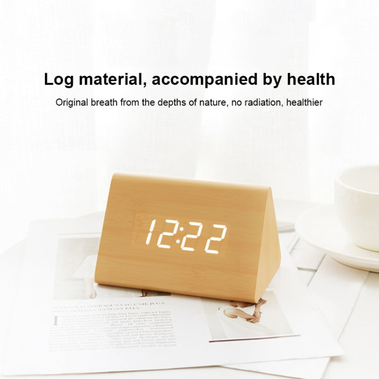Mute Luminous Electronic Clock Wooden Sound Control Small Triangle Alarm Clock, Brown Wood Red Light, White Wood White Light