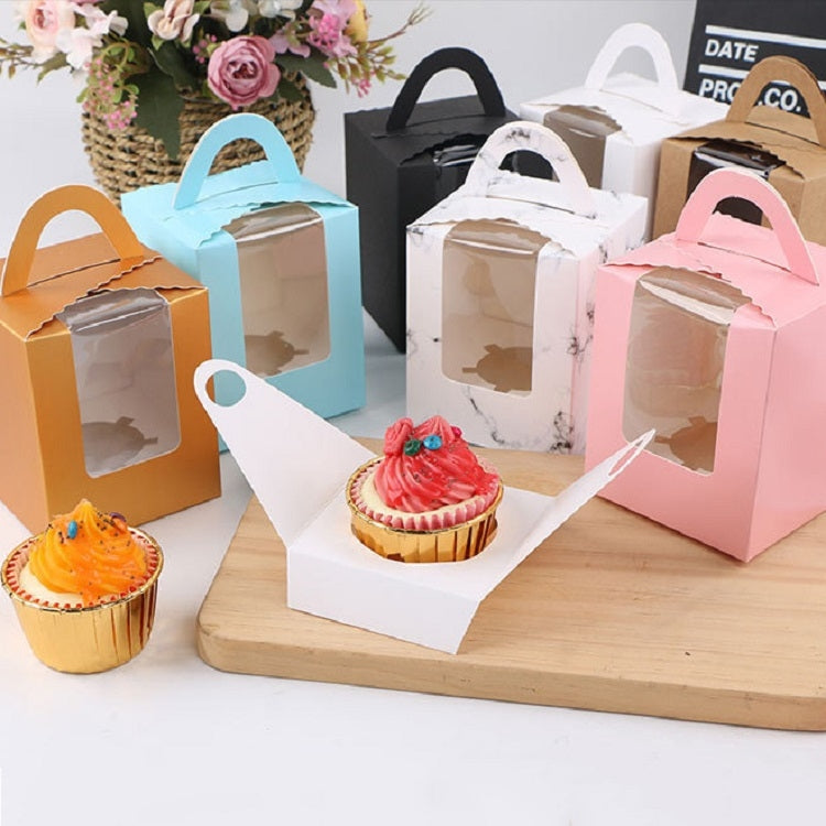 30 PCS Transparent Window 1 Piece Cardboard Portable Cup Cake Box Mousse Pastry Box, White, Marble, Cowhide Color, Blue, Black, Pink, Green, Red