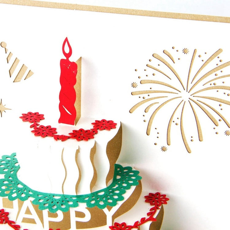 2 PCS 3D Three-Dimensional Cake Birthday Card Children Handmade Gift Small Card, Red Cover, Golden Cover