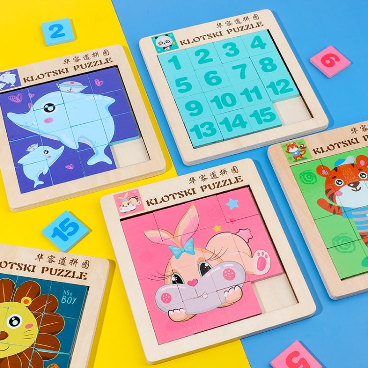 2 PCS Cartoon Animal Double-Sided Klotski Puzzle Children Wooden Toy Early Education Jigsaw Puzzle, Rabbit, Dolphin, Giraffe, Dinosaur, Elephant, Panda, Unicorn, Fox, White Bear, Zebra, Lion, Tiger