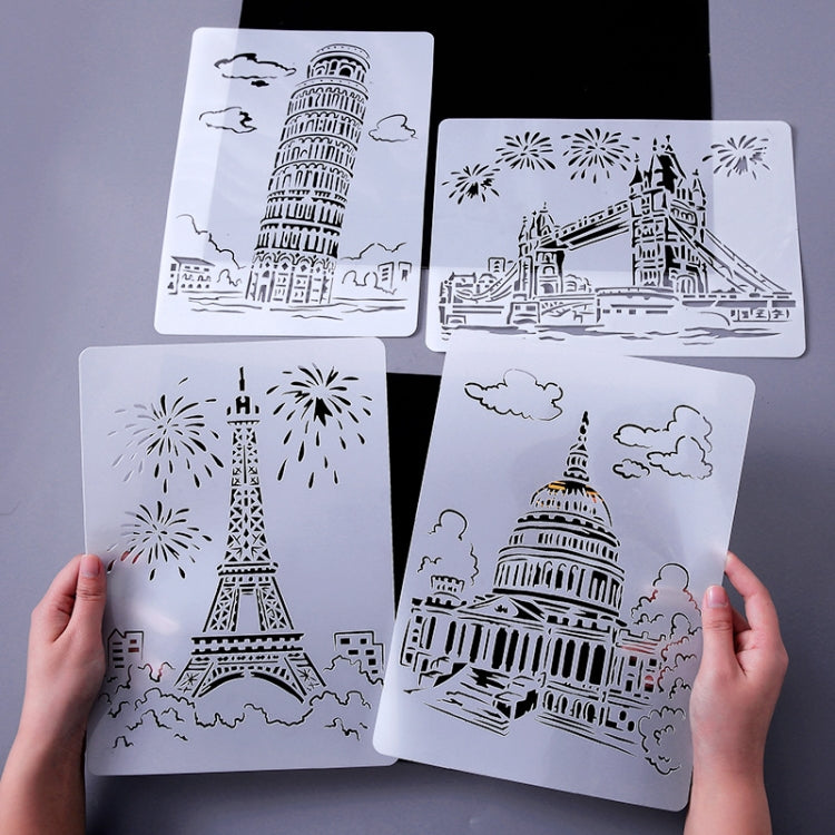 Painting Template Theme City A4 Label Template, Tower System (5pcs / Set), Sailing Line(5pcs / Set), 1 Paris Tower, 2 London Bridge, 3 Pisa Tower, 4 Big Ben, 5 Taj Mahal, 6 White House, 7 Castle, 8 Five-storied Pagoda, 9 Sydney, 10 Sailing Hotel