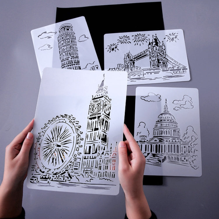 Painting Template Theme City A4 Label Template, Tower System (5pcs / Set), Sailing Line(5pcs / Set), 1 Paris Tower, 2 London Bridge, 3 Pisa Tower, 4 Big Ben, 5 Taj Mahal, 6 White House, 7 Castle, 8 Five-storied Pagoda, 9 Sydney, 10 Sailing Hotel