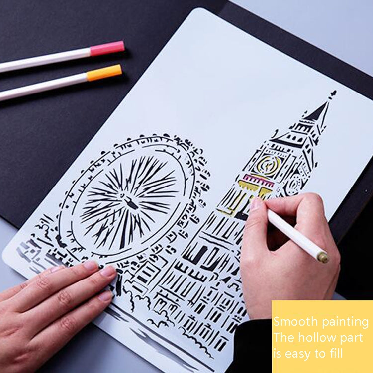 Painting Template Theme City A4 Label Template, Tower System (5pcs / Set), Sailing Line(5pcs / Set), 1 Paris Tower, 2 London Bridge, 3 Pisa Tower, 4 Big Ben, 5 Taj Mahal, 6 White House, 7 Castle, 8 Five-storied Pagoda, 9 Sydney, 10 Sailing Hotel
