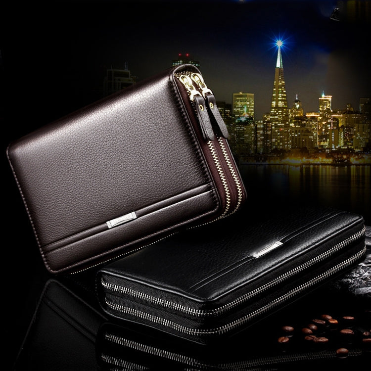 LEINASEN A80 Multi-Card Men Hand Bag Double Zip Big Capacity Wallet, Brown, Black
