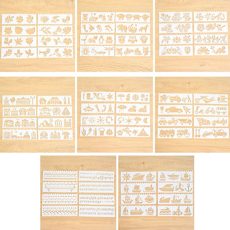 HB-9 Long Series 8 in 1 Drawing Ruler Hand Account Multi-Function Hollow Flower Edge Filling Template, Wave Letters, Cartoon Animals, Flowers, Architecture, Car, Leaves, Weather, Cruise Ship