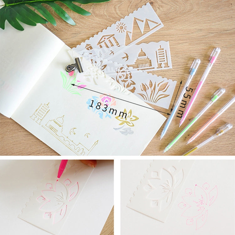 HB-9 Long Series 8 in 1 Drawing Ruler Hand Account Multi-Function Hollow Flower Edge Filling Template, Wave Letters, Cartoon Animals, Flowers, Architecture, Car, Leaves, Weather, Cruise Ship