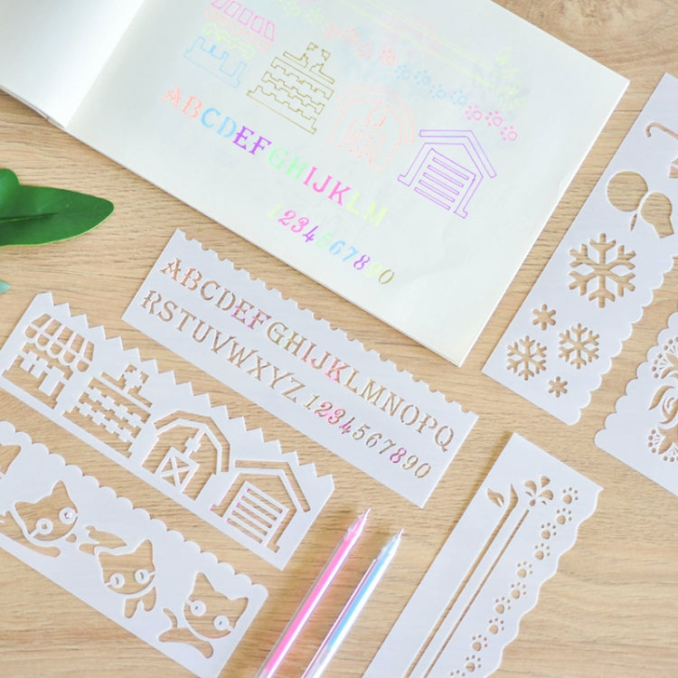 HB-9 Long Series 8 in 1 Drawing Ruler Hand Account Multi-Function Hollow Flower Edge Filling Template, Wave Letters, Cartoon Animals, Flowers, Architecture, Car, Leaves, Weather, Cruise Ship