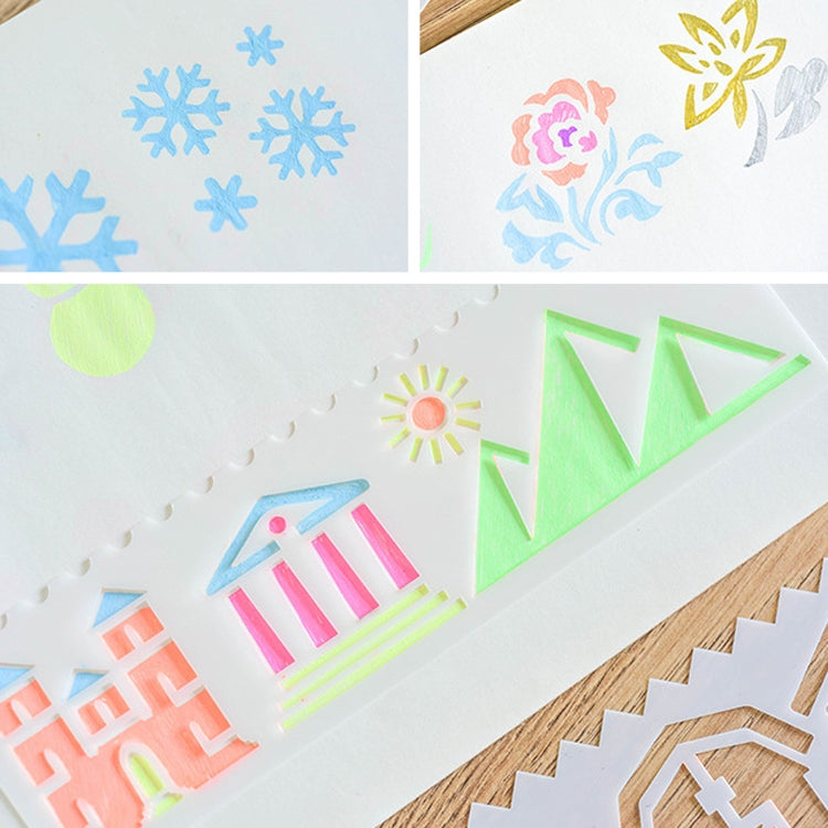 HB-9 Long Series 8 in 1 Drawing Ruler Hand Account Multi-Function Hollow Flower Edge Filling Template, Wave Letters, Cartoon Animals, Flowers, Architecture, Car, Leaves, Weather, Cruise Ship