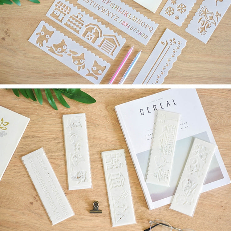 HB-9 Long Series 8 in 1 Drawing Ruler Hand Account Multi-Function Hollow Flower Edge Filling Template, Wave Letters, Cartoon Animals, Flowers, Architecture, Car, Leaves, Weather, Cruise Ship