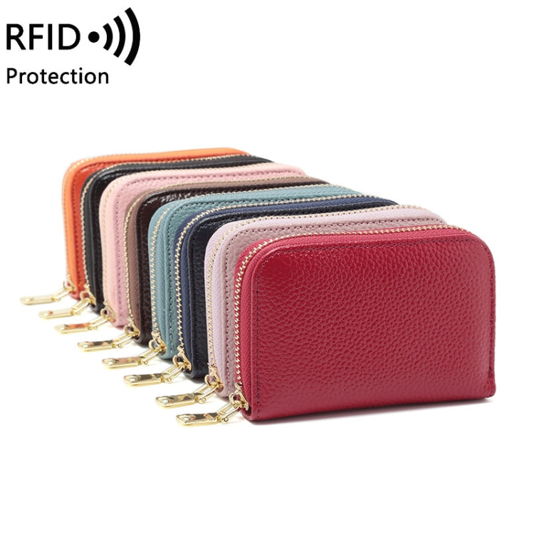 1626 Short RFID Anti-Theft Brush Multiple Card-Binding Card Package Ladies Cowhide Zipper Wallet, Red Wine, Purple, Black, Pink, Royal Blue, Orange, Brown, Linen Blue