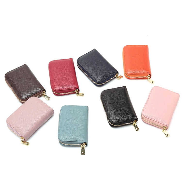 1626 Short RFID Anti-Theft Brush Multiple Card-Binding Card Package Ladies Cowhide Zipper Wallet, Red Wine, Purple, Black, Pink, Royal Blue, Orange, Brown, Linen Blue