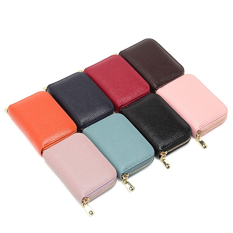 1626 Short RFID Anti-Theft Brush Multiple Card-Binding Card Package Ladies Cowhide Zipper Wallet, Red Wine, Purple, Black, Pink, Royal Blue, Orange, Brown, Linen Blue