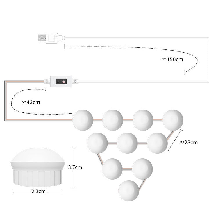 Cosmetic Room Bathroom Mirror Front Light USB Three-Color Dimming Light, 2 LEDs, 6 LEDs, 10 LEDs, 14 LEDs