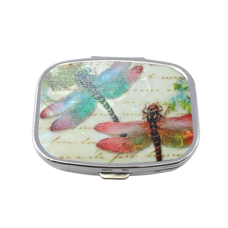 2 PCS Y10336 Two-Compartment Metal Portable Pill Box, Dragonfly, Wind Cloud, Green Peacock, Cactus, Blue Tree, Purple Rose, Lotus Flower, White Leopard