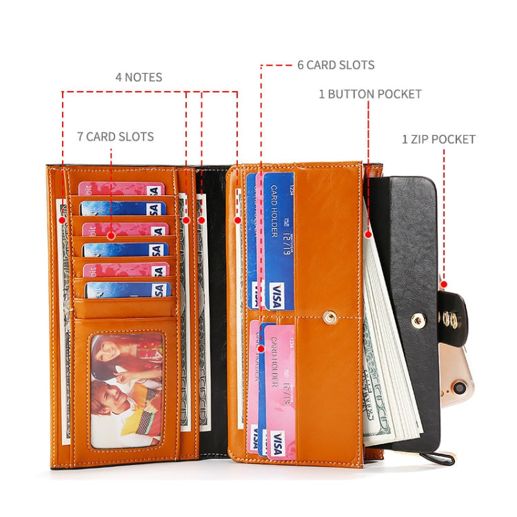 Leather Lady Wallet Multi-Card Slot Retro Oil Wax Leather Wallet Long Type RFID Anti-Theft Brush Clutch, Brown, Royal Blue, Rose Red, Purple, Black, Wine Red