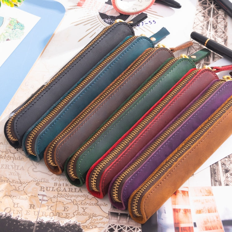 Retro Simple Leather Stylus Leather Zipper Pen Protection Case Crazy Horse Skin Mini Pen Case, Black, Yellow Brown, Wine Red, Coffee, Ink Green, Blue, Purple, Deep Brown