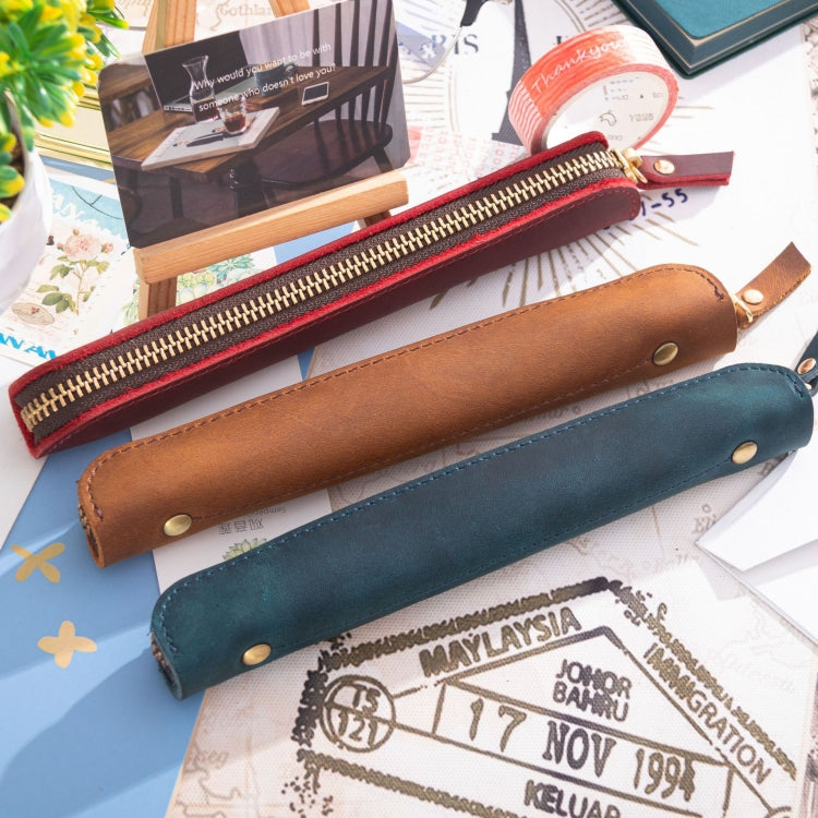 Retro Simple Leather Stylus Leather Zipper Pen Protection Case Crazy Horse Skin Mini Pen Case, Black, Yellow Brown, Wine Red, Coffee, Ink Green, Blue, Purple, Deep Brown