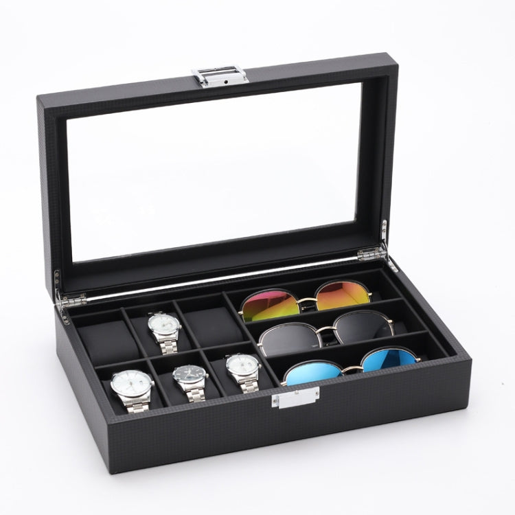 6+3 PU Watch Glasses Case Carbon Fiber PU Skin Watch Box Sunglasses Box, 6 + 3 Black, 6 + 3 Brown