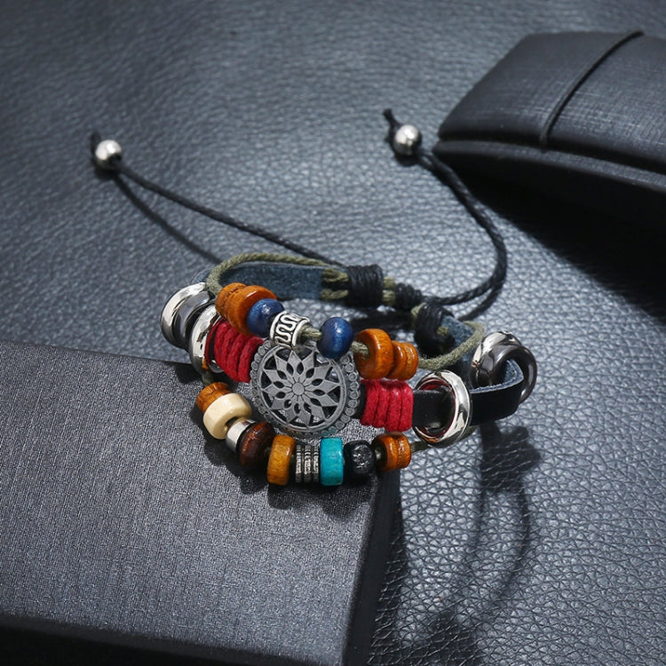 BX016 Retro Personality Leather Beaded Bracelet, Black Leather+Ancient Silver Accessories, Red Leather++Ancient Silver Accessories, White Leather+Bronze Accessories, Light Brown Leather+Bronze Accessories