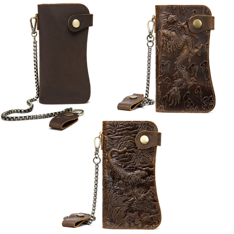 B161 RFID Retro Anti-Degaussing Iron Chain Leather Wallet, Dark Brown, Yellow Brown Embossed Dragon, Brown Embossed Tiger