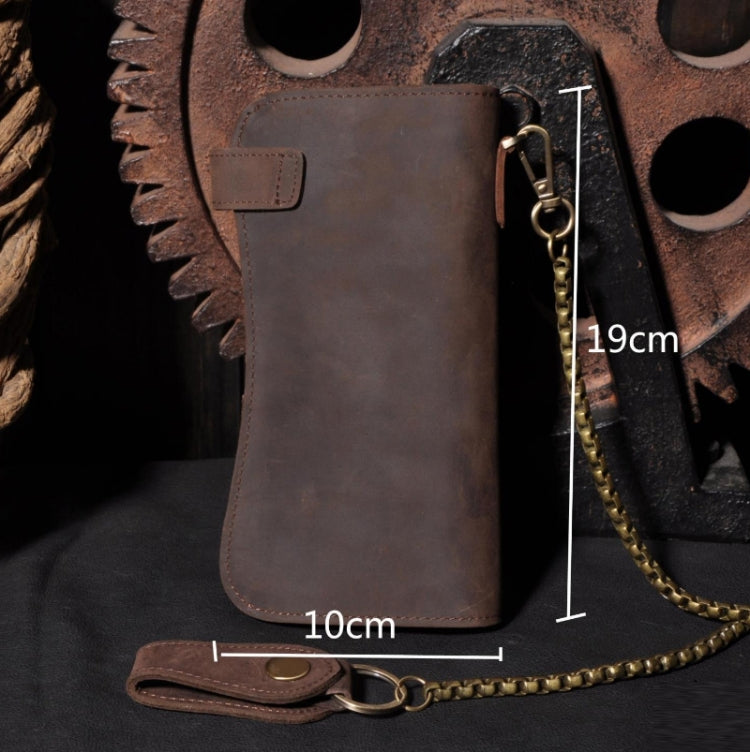 B161 RFID Retro Anti-Degaussing Iron Chain Leather Wallet, Dark Brown, Yellow Brown Embossed Dragon, Brown Embossed Tiger